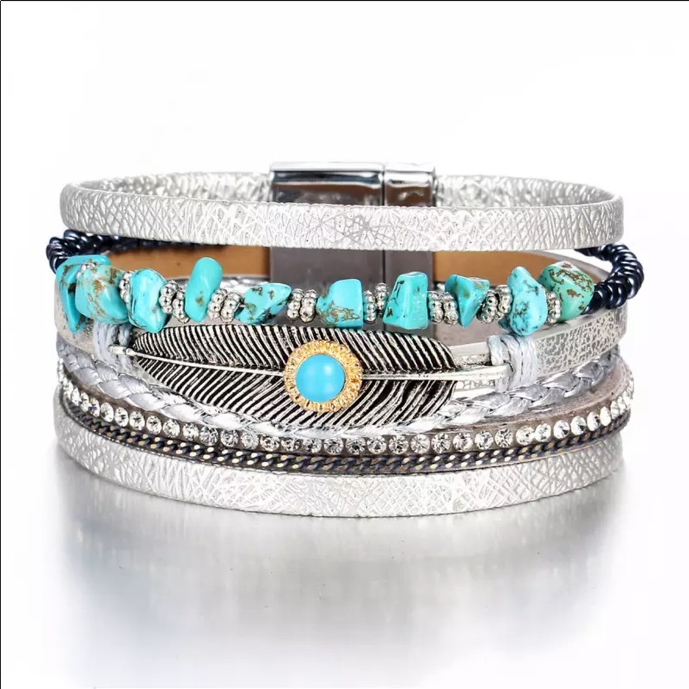Layered Vegan Leather Wrap Bracelet - Turquoise